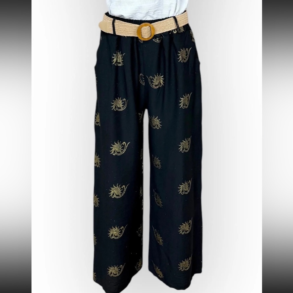 MADE IN ITALY Black Wide-Leg Pants with Gold Embroidery